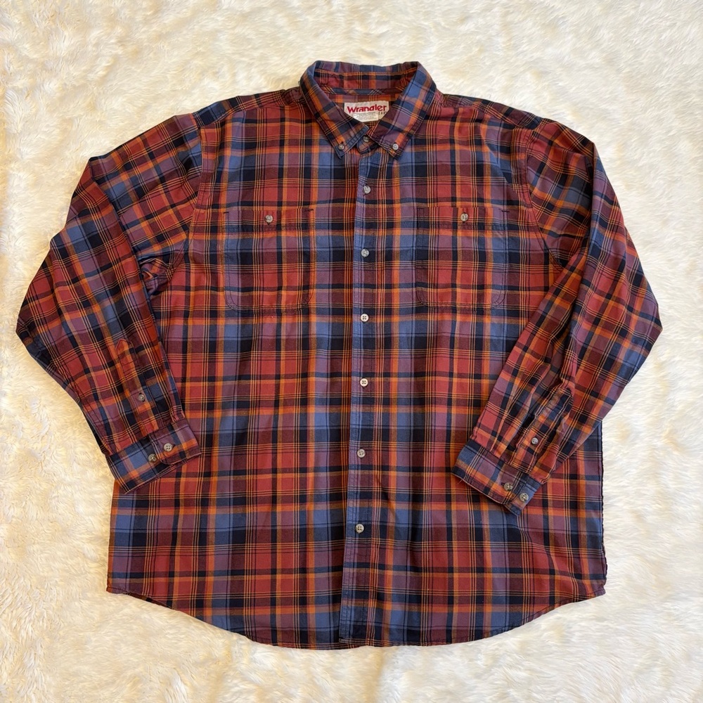 Wrangler Rugged Wear Blue & Orange Plaid Long Sleeve Woven Shirt Mens Western